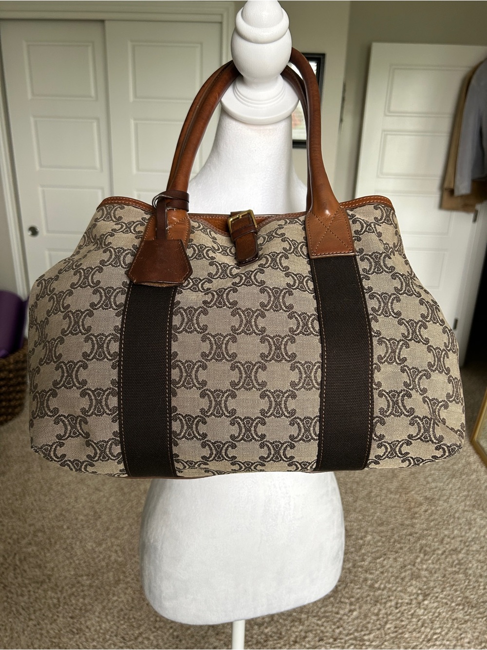 CELINE Triomphe Canvas and Leather Shoulder Satchel Handbag Brown